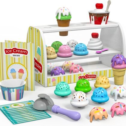 Ice Cream Toy for Kids - Toys for 3 4 Year Old Girls, Wooden Ice Cream Counter Shop Pretend Play Food with Apron, Scoop, Menu, Fake Money, Gifts for Boys Girls Toddlers Ages 3 4 5