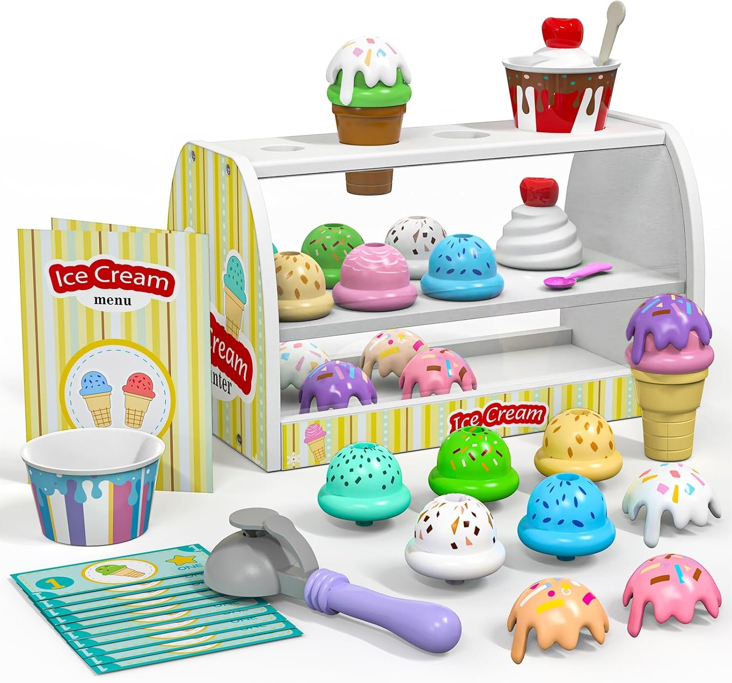 Ice Cream Toy for Kids - Toys for 3 4 Year Old Girls, Wooden Ice Cream Counter Shop Pretend Play Food with Apron, Scoop, Menu, Fake Money, Gifts for Boys Girls Toddlers Ages 3 4 5