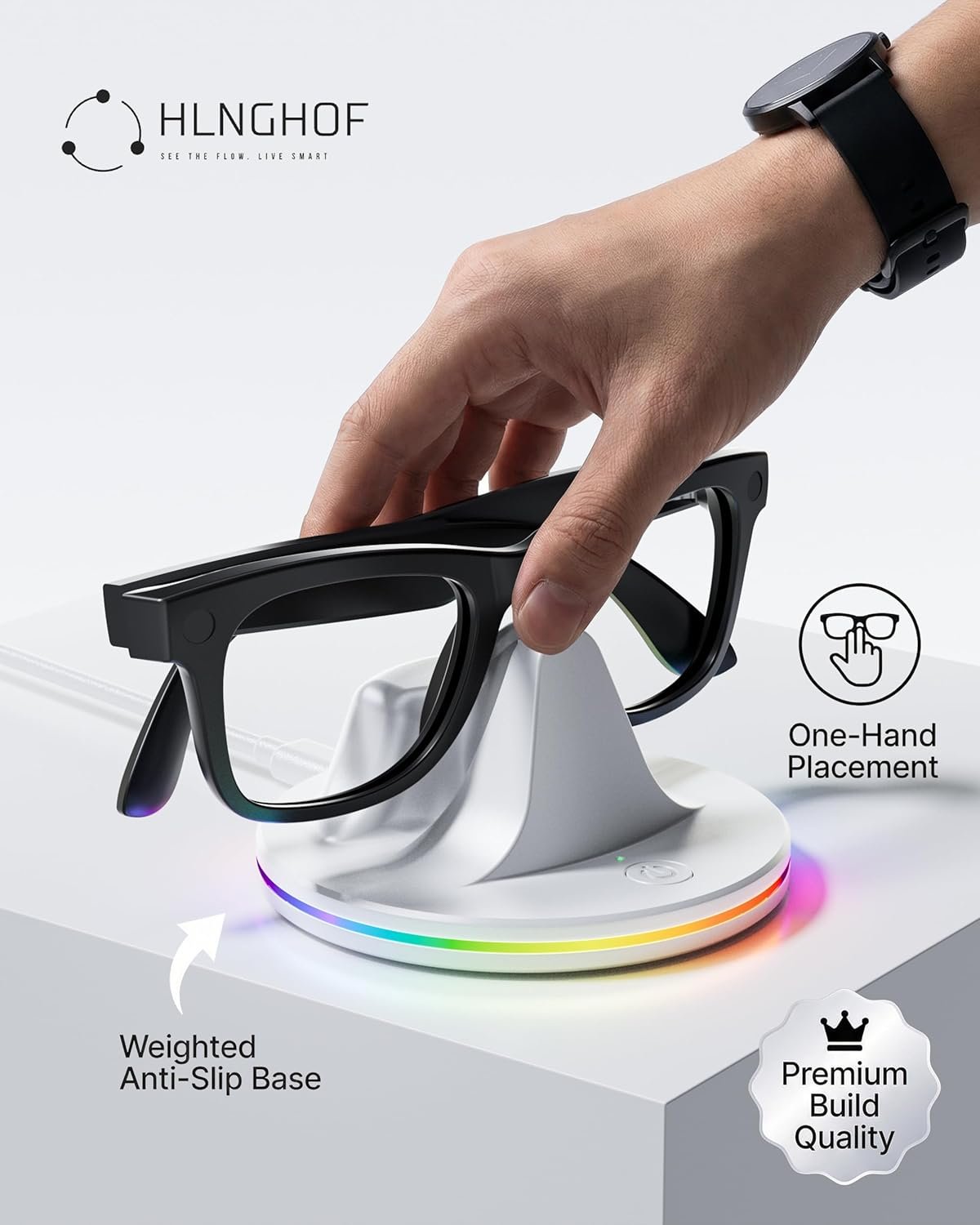 Charging Dock for Ray-Ban Meta Smart Glasses – RGB Desktop Charger Stand Compatible with Wayfarer Gen 2, Skyler, Headliner & Oakley HSTN, Type-C Input, LED Indicator Light, 1h Fast Charge, ABS (White) - Image 4