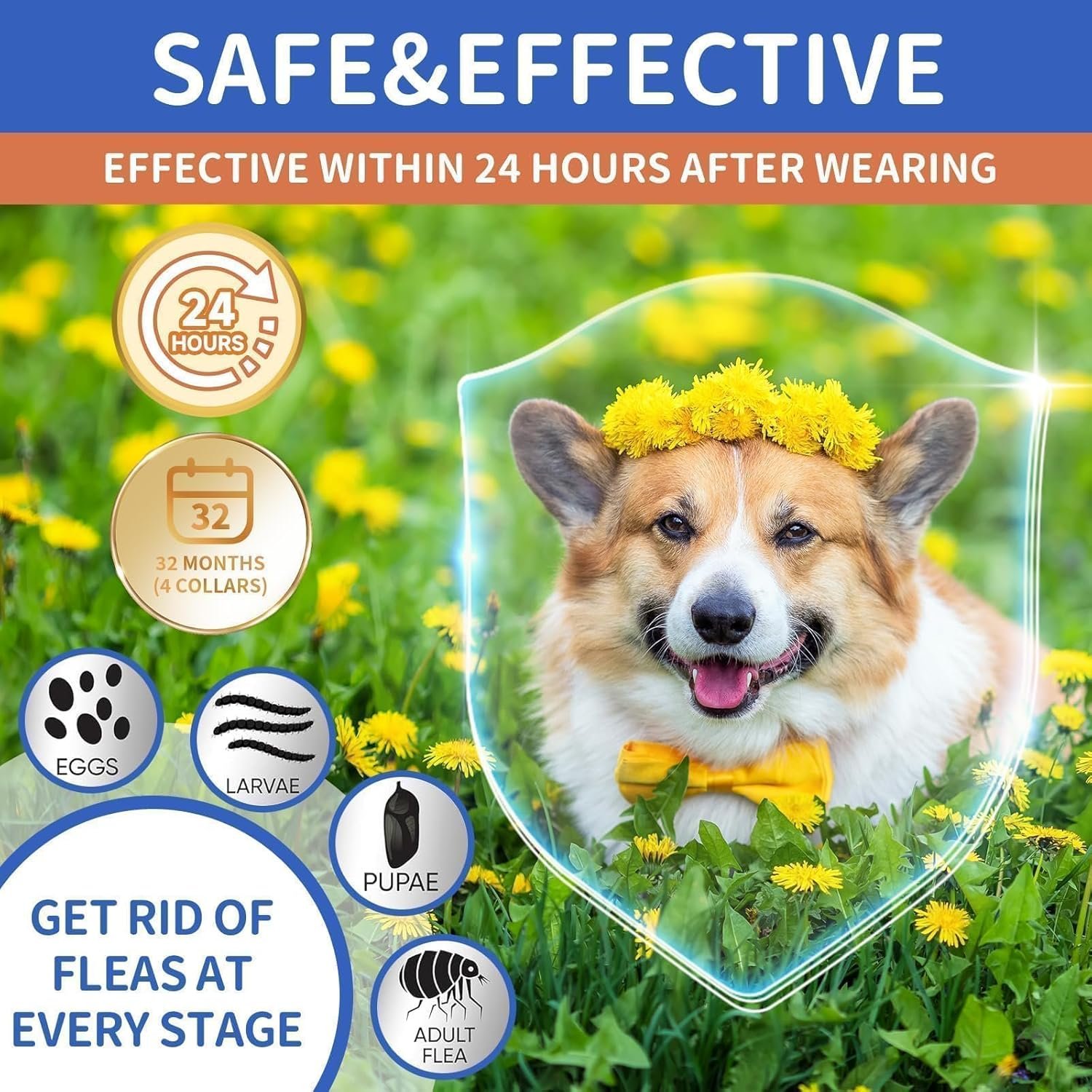 Dog Flea and Tick Collar 4 Pack, Waterproof Adjustable Collar for Dogs and Puppies, 32-Month Prevention, Blue & Orange - Image 3