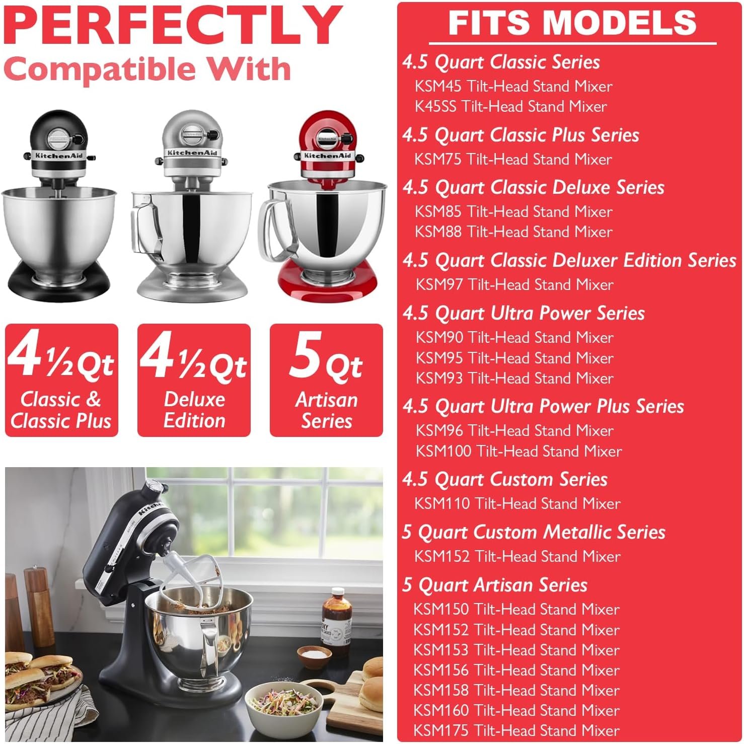 5 Qt 18/8 Stainless Steel Mixing Bowl for Kitchen Aid Tilt-Head Classic&Artisan Series Stand Mixer, Mixer Bowl Replacement Compatible with K45, KSM85, KSM90, KSM150, Dishwasher Safe, Ergonomics Handle - Image 3