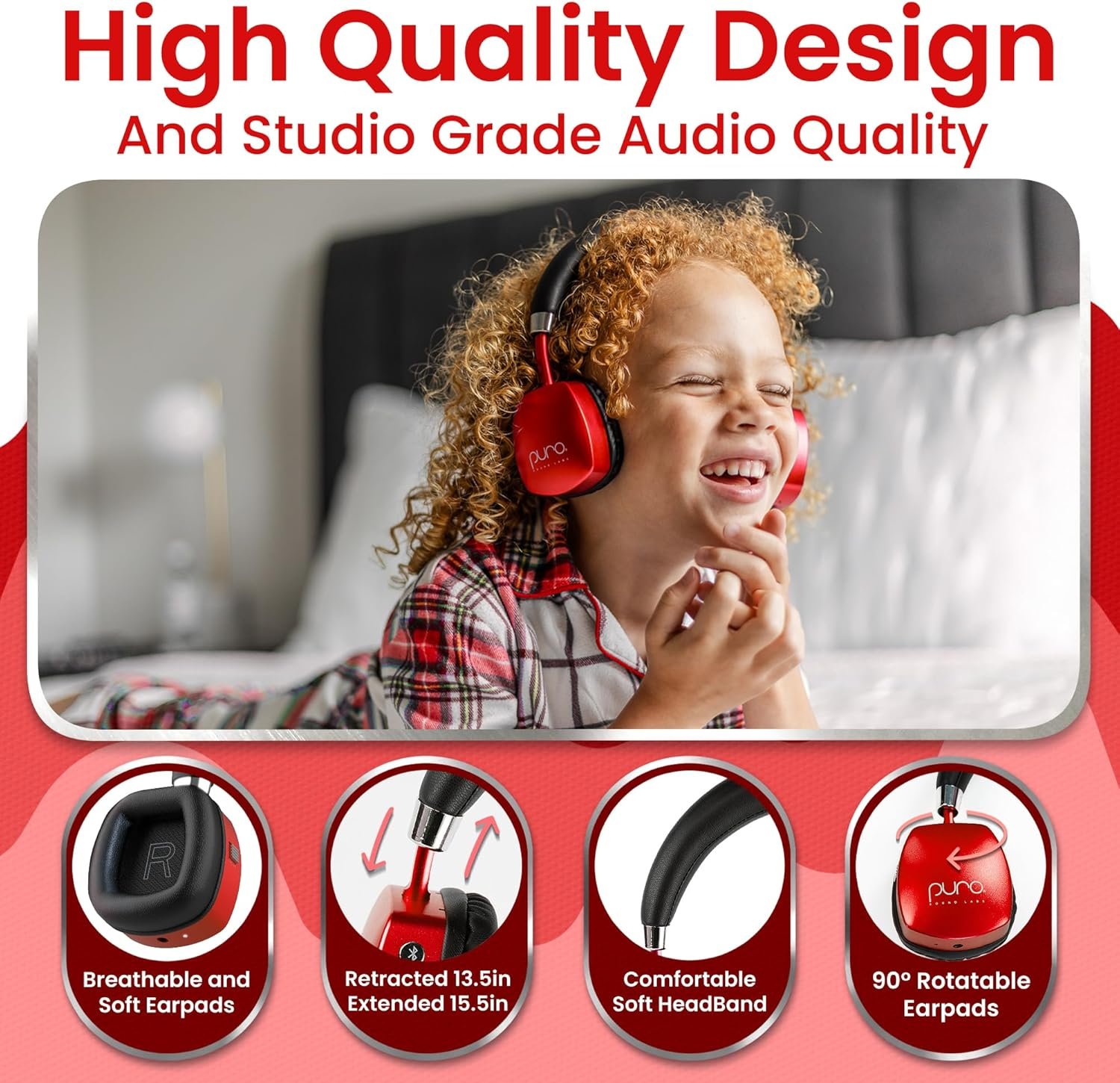 Puro Sound Labs PuroQuiet Plus Kids Noise Cancelling Headphones, Bluetooth Kids On Ear Headphones with Mic, Lightweight On-Ear Design, Studio-Grade Sound (Red) - Image 6