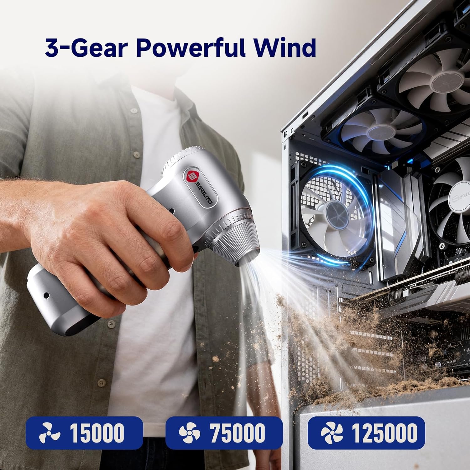 Compressed Air Duster-125,000 RPM Cordless Electric Air Duster, Rechargeable Super Power Air Blower with 3-Gear Turbo Fan, Air Blower for PC, Keyboard, Outdoor, Car & Home - Image 6