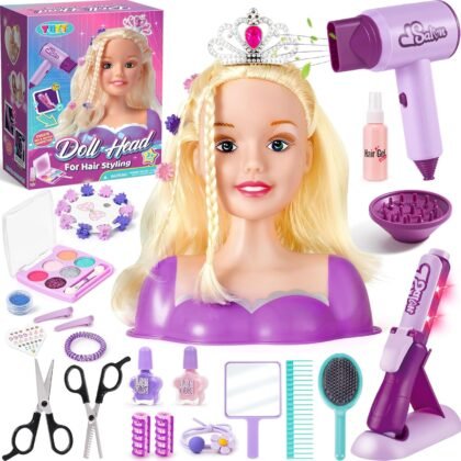 Hair Styling Doll Head Makeup Kit for Girls Toys, Hair Salon Toys & Real Makeup Nail Polish, Kid Beauty Hair Stylist with Hairdryer Curling Iron, Birthday Gift for Girl 3 4 5 6 7 8+ Year Old Toy