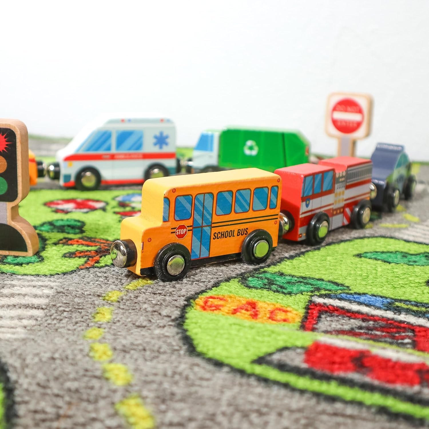9 Piece Wooden Cars with Magnets - City Vehicles, Emergency Trucks, School Bus, Police, Fire, Ambulance, Taco Truck Toy - Community Helpers Play Set - Zany Trains - Image 8
