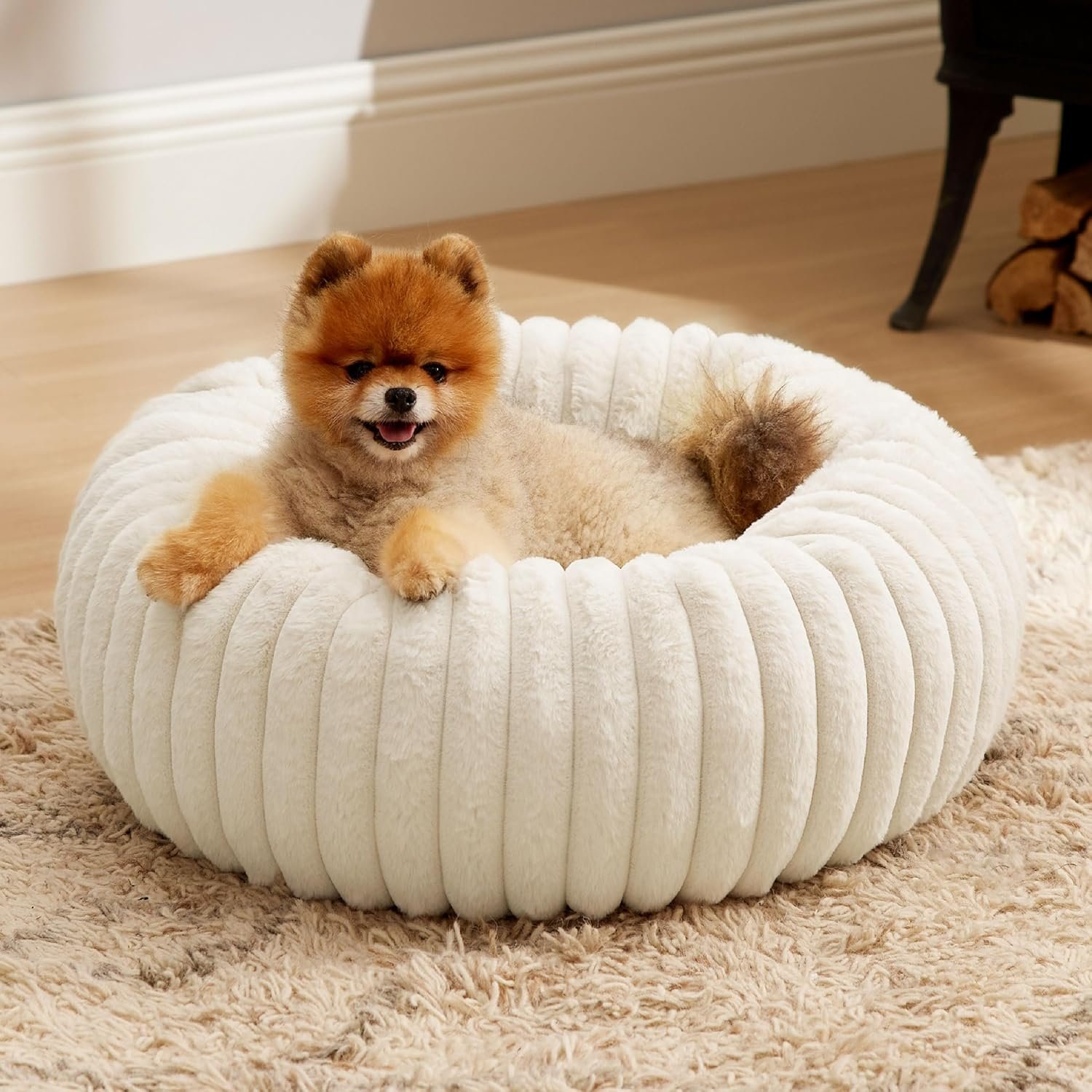 Bedsure Donut Small Dog Bed - Dog Beds for Small Dogs with Corduroy Fleece & Anti Slip Bottom, Round Faux Fur Pet Beds with Washable Removable Cover, Cream, 23x23x7 inches