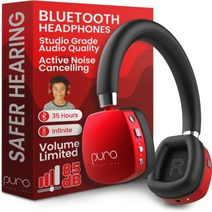 Puro Sound Labs PuroQuiet Plus Kids Noise Cancelling Headphones, Bluetooth Kids On Ear Headphones with Mic, Lightweight On-Ear Design, Studio-Grade Sound (Red)