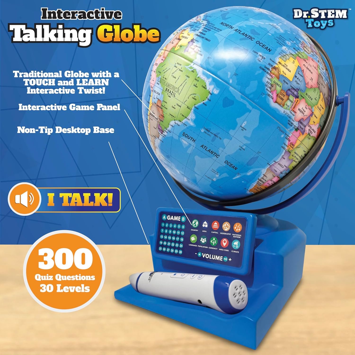 Dr. STEM Toys Interactive Talking Globe with Smart Pen, Game Panel, 300+ Geographic Quiz Questions, Touch & Learn, Music, and More - Educational Toy for Kids Ages 6+ - Image 3