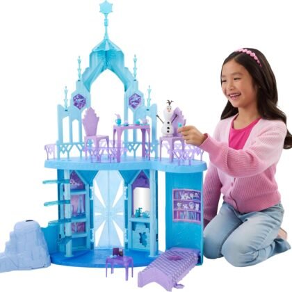 Mattel Disney Frozen Elsa Ice Castle Playset with Olaf Figure, 5 Play Areas & 21 Accessories, 2.5+ Ft Tall Elsa’s Frozen Ice Palace, Inspired by Movies