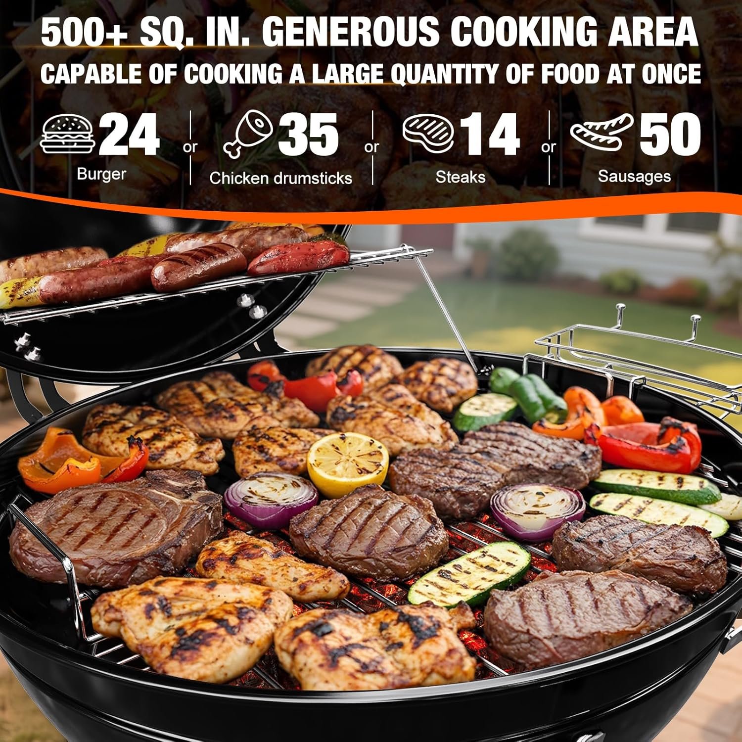 22 inch Premium Charcoal Grill, Kettle Barbecue and Smoker Grills 500+ Sq. In. Cooking Area for Outdoor BBQ, Tailgating and Patio, Black - Image 4