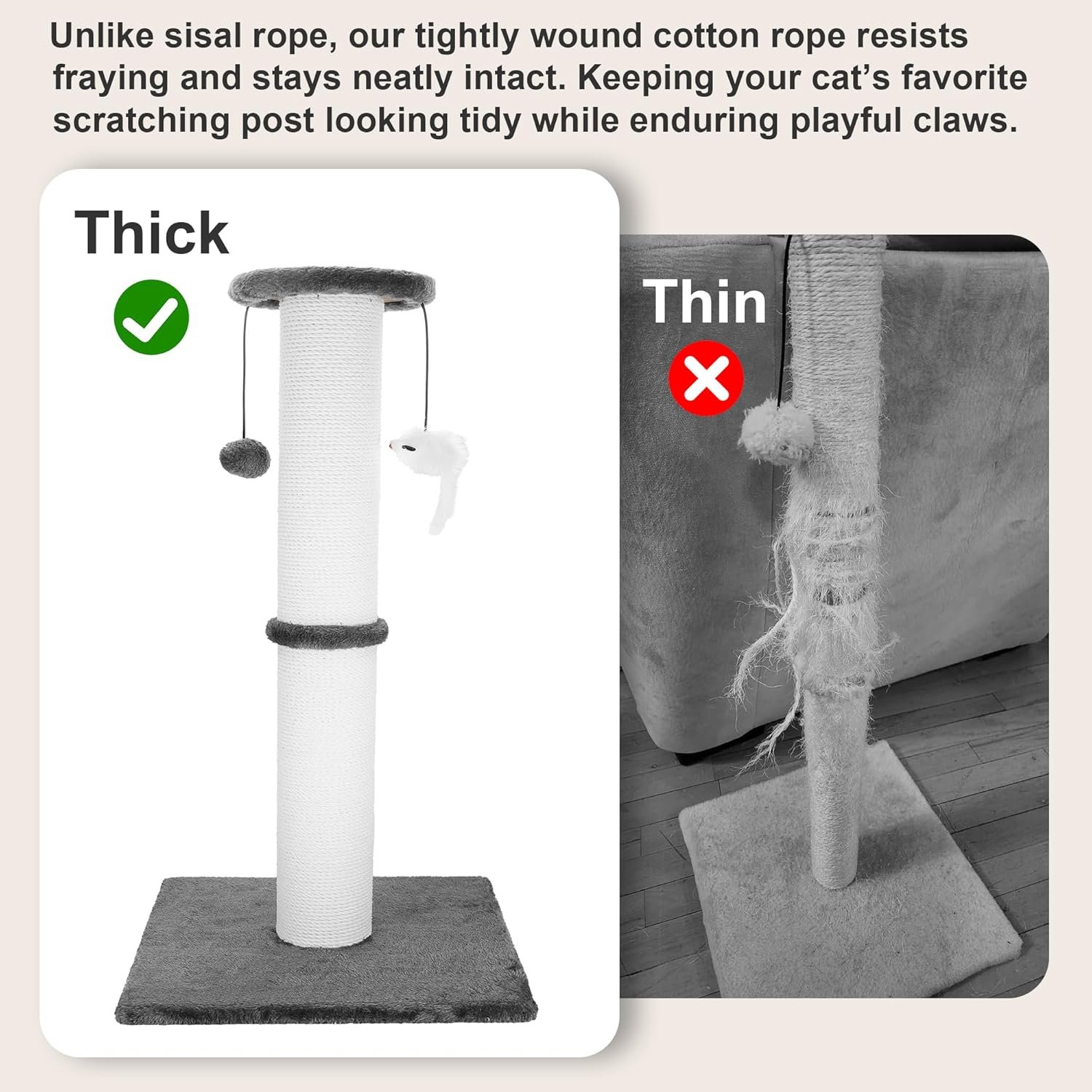 Cat Scratching Post 34 Inches Heavy Duty and Thicker Cat Scratching Post Sisal Rope with Hanging Ball and Mice Scratching Post for Indoor Cats and Adult(Grey) - Image 3