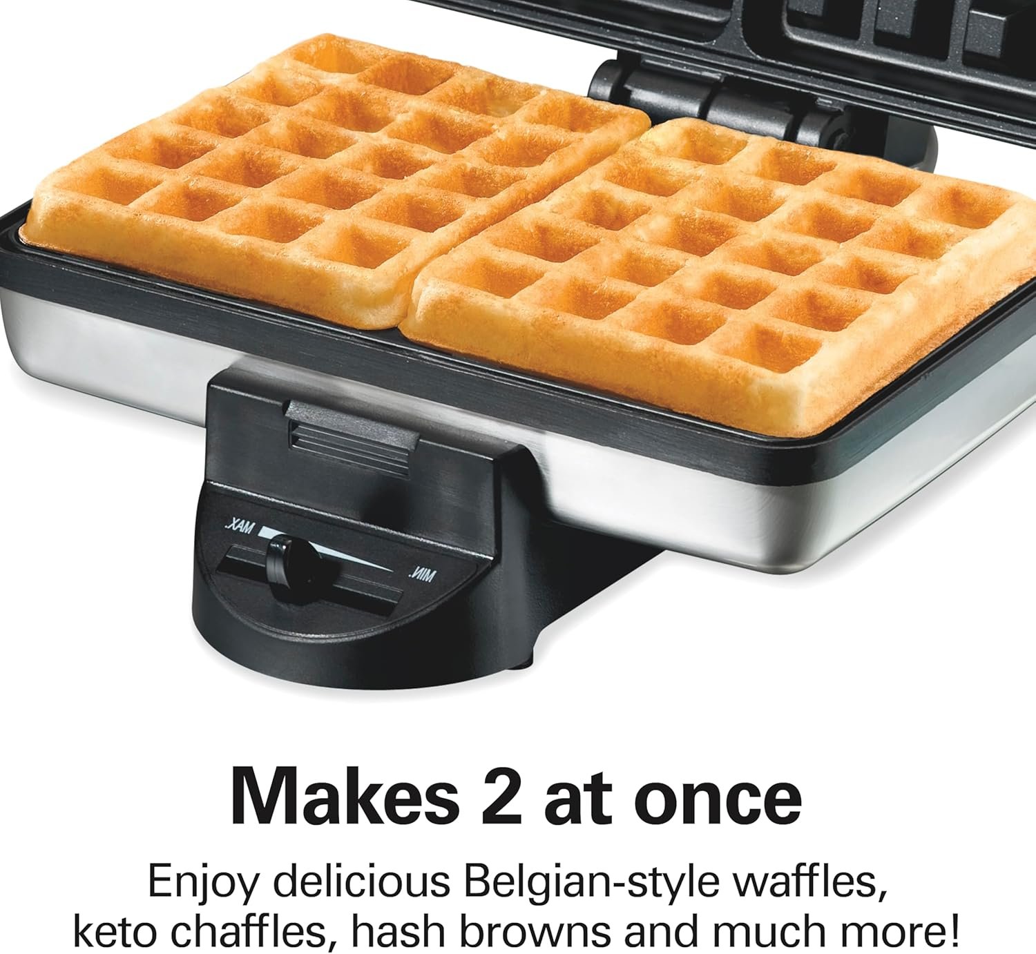 Hamilton Beach Belgian Mini Waffle Maker with Shade Control, Makes 2 at Once, Create Personalized Keto Chaffles and Hash Browns, PFAS-Free Non-Stick Plates, Compact Design, Stainless Steel (26009) - Image 2