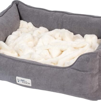 PetFusion Calming Cuddler Dog & Cat Bed | Anti-Anxiety Dog Bed for Medium Dogs & Cats | Loose Blanket Promotes Burrowing (Dogs) & Kneading (Cats) | CertiPUR-US Memory Foam | Grey/Ivory