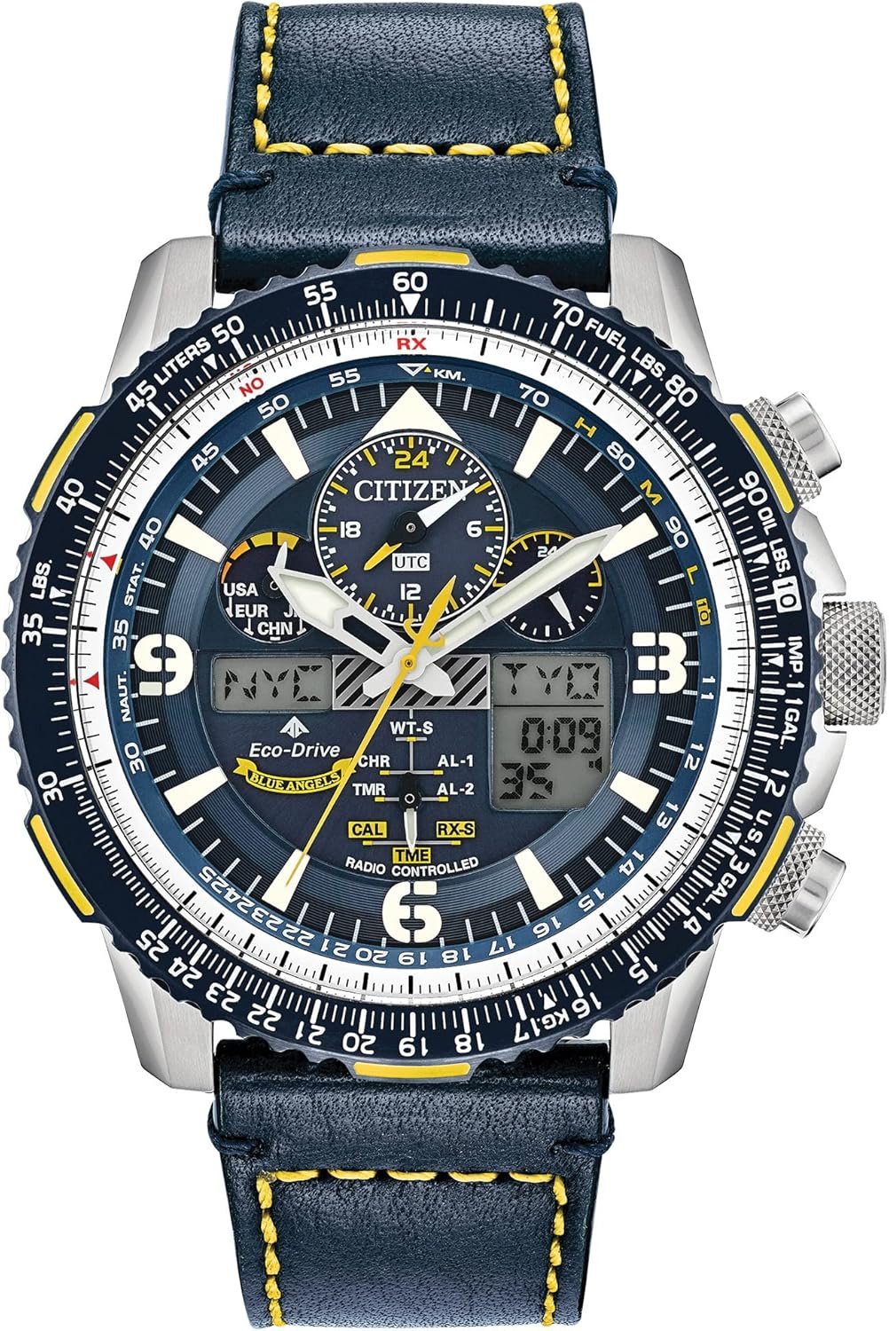 Citizen Men's Eco-Drive Promaster Air Skyhawk Atomic Time Keeping Pilot Watch in Stainless Steel with Blue Leather strap, Blue Dial (Model: JY8078-01L)
