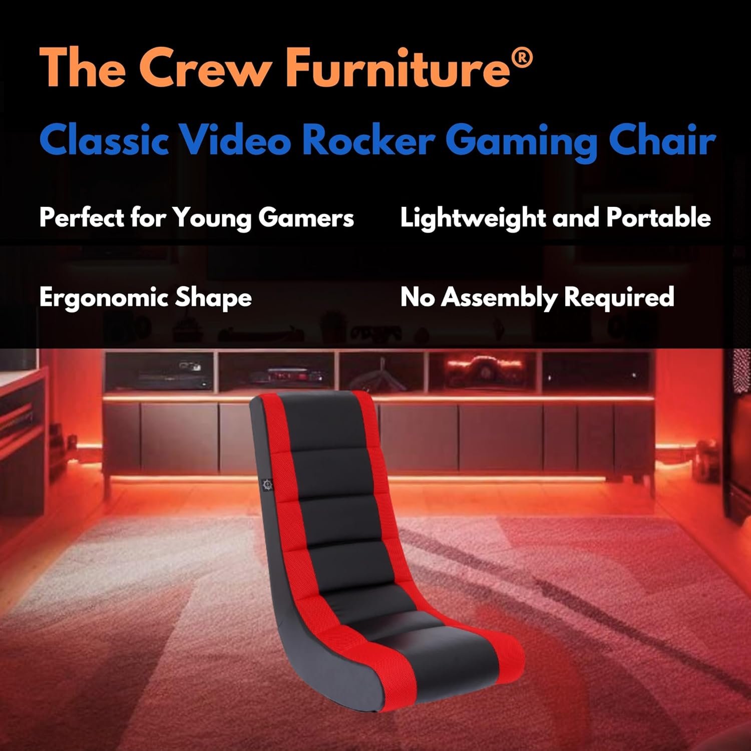 The Crew Furniture Classic Video Rocker Floor Gaming Chair, for Kids and Teens, PU Faux Leather & Polyester Mesh, Black/Red - Image 4