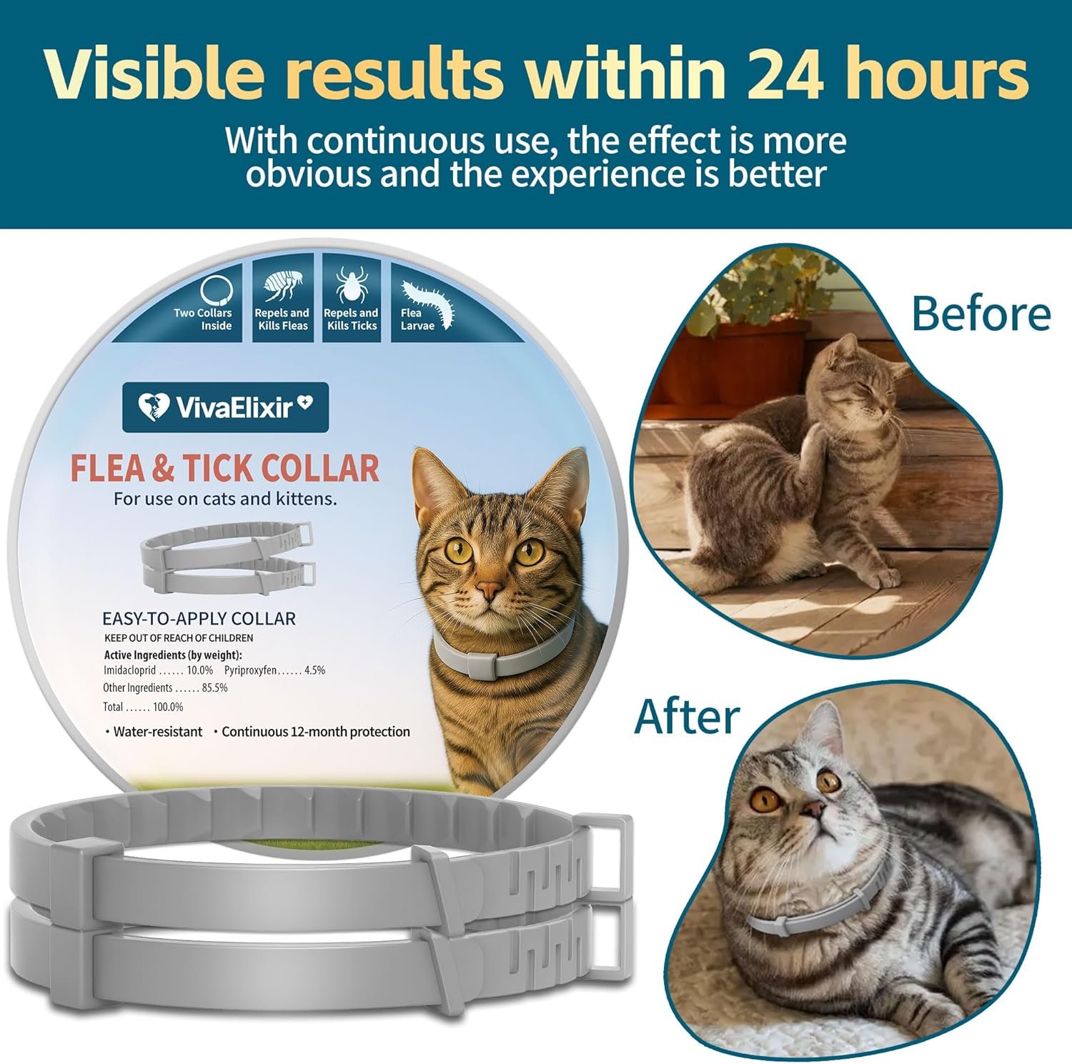 Flea and Tick Collar for Cats 2 Pack, 12 Months of Cat Flea Collar Protection 2 Collars Made with Premium Plant Based Essential Oil Waterproof and Natural Treatment Prevention Free Comb - Image 3