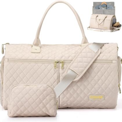 STOVER Women’s Convertible Garment Duffel Bag for Travel – 2-in-1 Carry-On Weekender/Overnight Tote - Wrinkle-Free Dresses, Hanging Suits & Clothes + Shoe Compartment & Bonus Toiletry Bag (Cream)