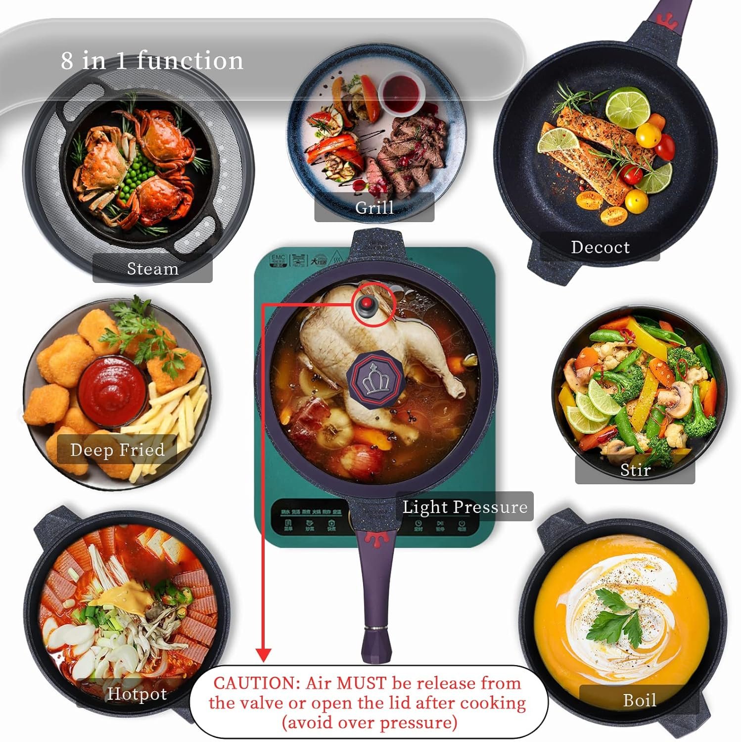 TIBORANG 8 in 1 Multipurpose 11 Inch 5 Qt Frying Pans Nonstick with Lid,Steamed Grid,PFOA-Free,Dishwasher&Oven Safe,Works with All Stovetops (Purple) - Image 2
