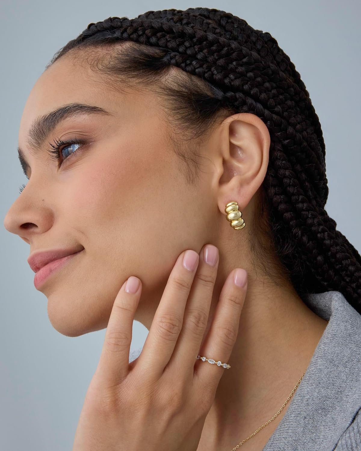 PAVOI 14K Gold Plated Ribbed Hoop Earrings for Women - Chunky Ridge Statement Earrings - Boho Puffy Croissant Huggie Hoops Trendy Gold Jewelry - Image 4