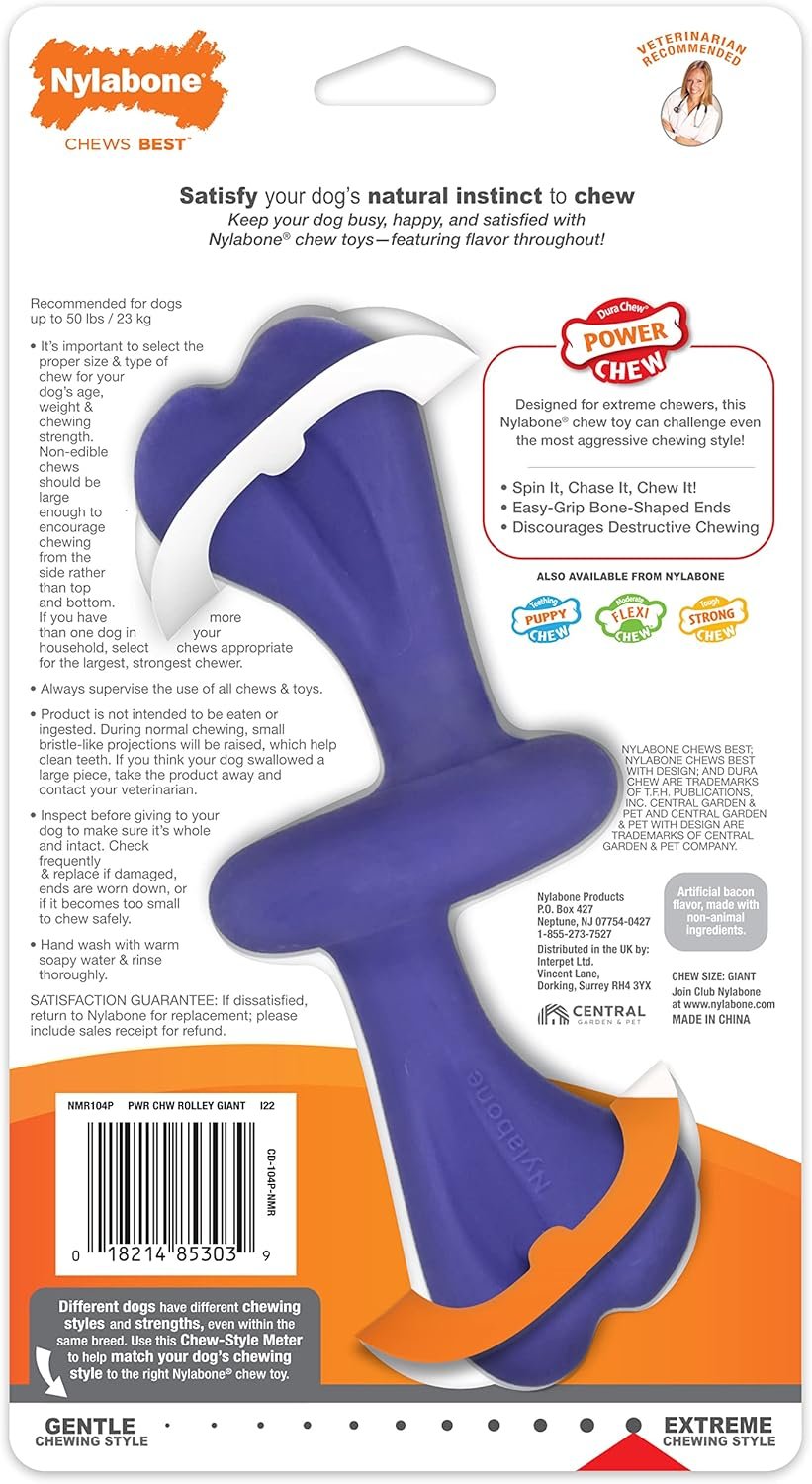 Nylabone Engaging Power Chase 'N Chew Toy for Dogs, Rolling & Spinning Interactive Dog Toys for Aggressive Chewers, Purple, Bacon Flavor, Large - Up to 50 lbs, 1 Count - Image 7