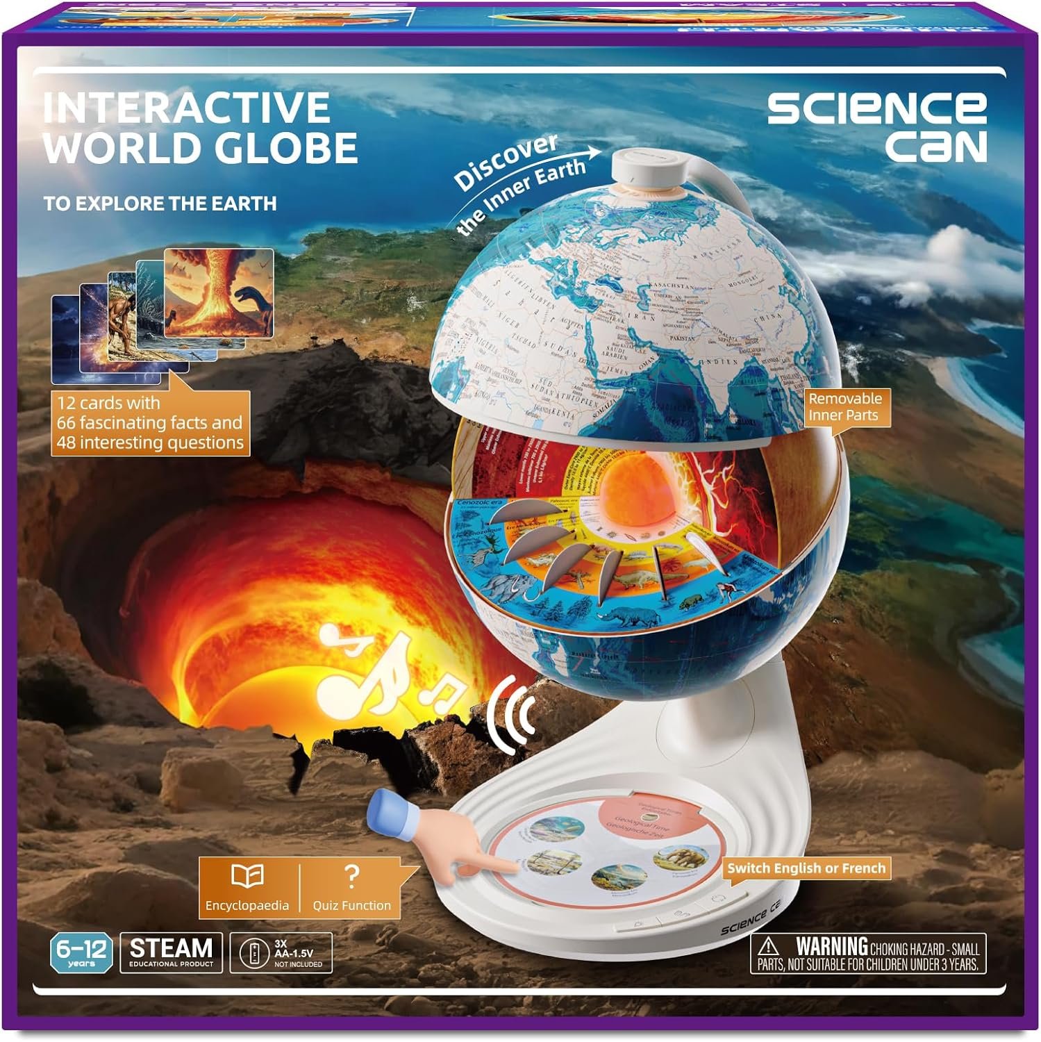 Science Can Openable Globe for Kids, 8 Inch Interactive World Globe Talking Model with Knowledge & Quiz Mode, Bilingual Stem Toys for Kids, Birthday Christmas Gift for 6-12 Year Old Boys & Girls