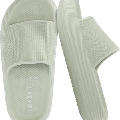 CUSHIONAIRE Feather EVA Slides for Women – Comfortable Slip On Womens Slippers, Indoor Outdoor Shower Shoes, Beach Essential Cloud Slides