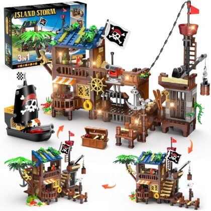HOGOKIDS Pirate Ship House Building Set with LED Light - 3 Style Modes Pirate Wharf Supply Center Building Block Set, 781PCS STEM Bricks Kit for Kids Girls Boys Ages 6-12+ Birthday Gifts