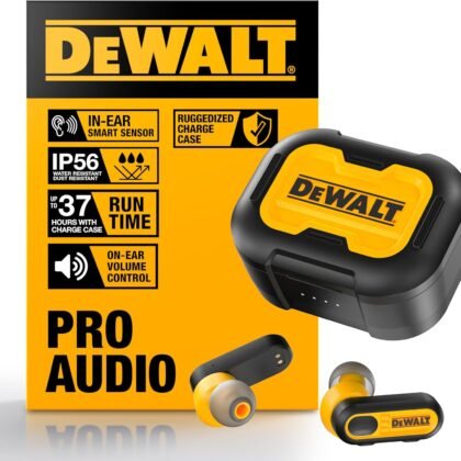 DEWALT Heavy Duty True Wireless Ear Buds, Bluetooth Headphones with Type C Charging Case Included, Over 37 Hours of Battery Life, Easy Setup for iPhone, Perfect for Jobsite, Outdoor Work, Yellow