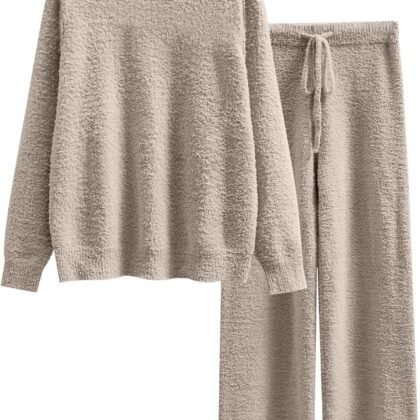 ANRABESS Women's Fuzzy Fleece Pajama Sets 2 Piece Outfits Long Sleeve Top Wide Leg Pants Lounge Matching Set 2025 Fall Winter