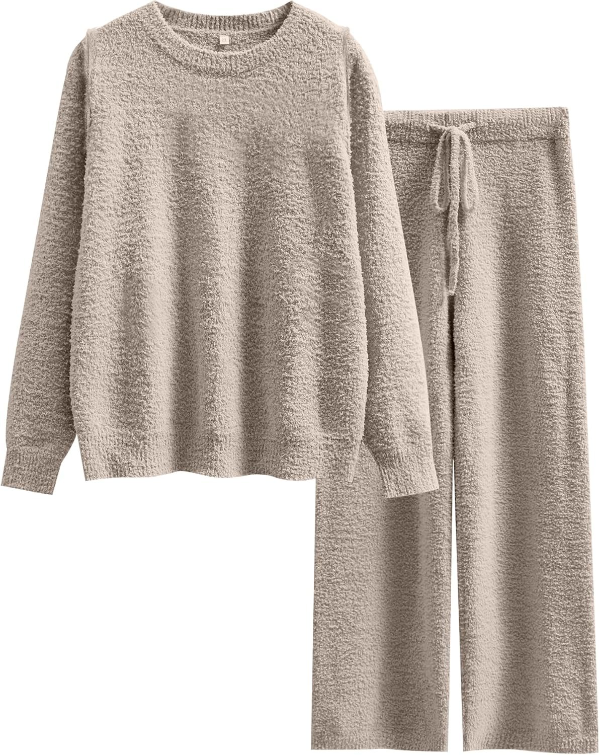 ANRABESS Women's Fuzzy Fleece Pajama Sets 2 Piece Outfits Long Sleeve Top Wide Leg Pants Lounge Matching Set 2025 Fall Winter