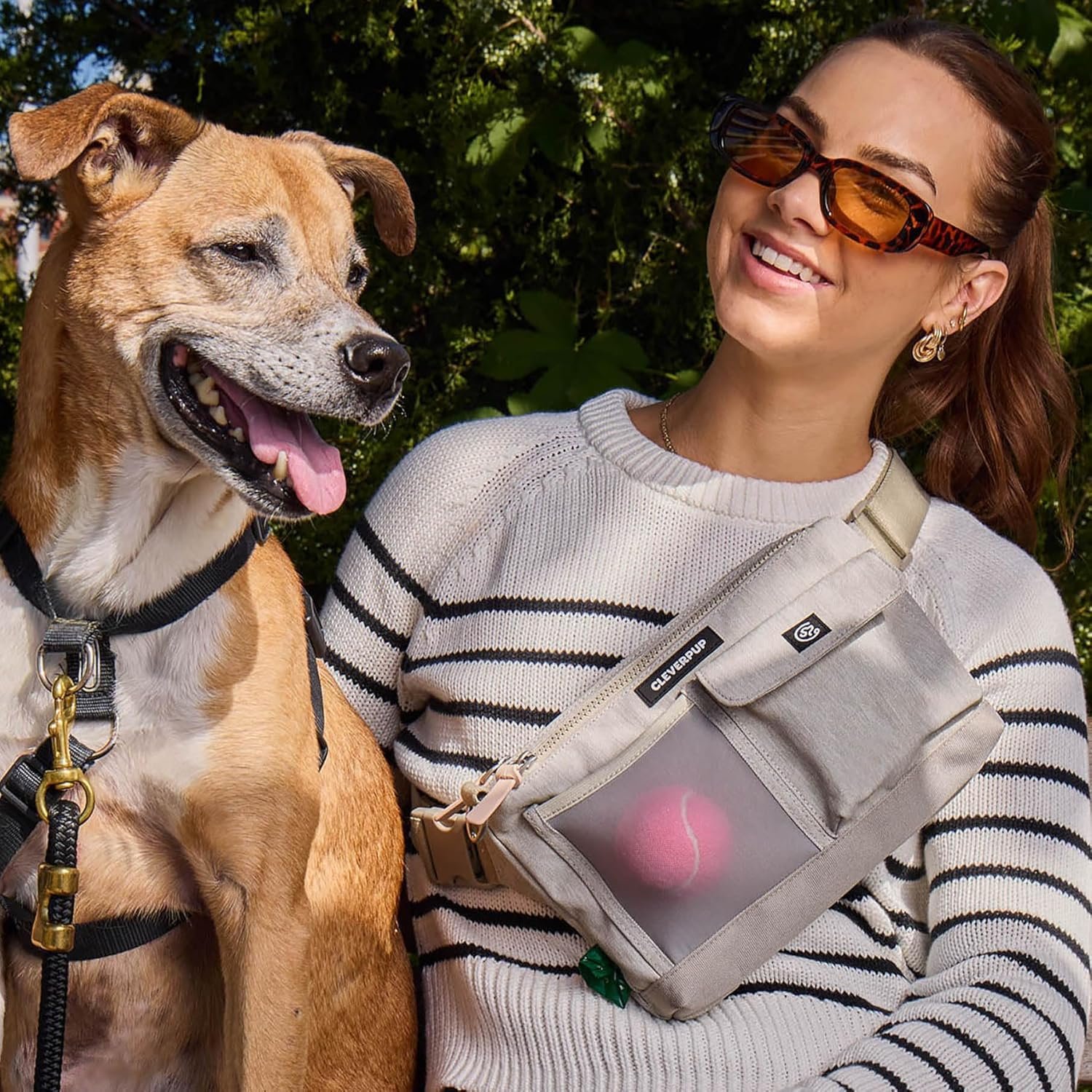 Dog Walk & Train Sling Bag - Hands-Free 2-In-1 Treat Pouch, Poop Bag Holder, Clicker, Phone Pocket - Crossbody/Fanny Pack, Adjustable Strap - Sand - Image 3