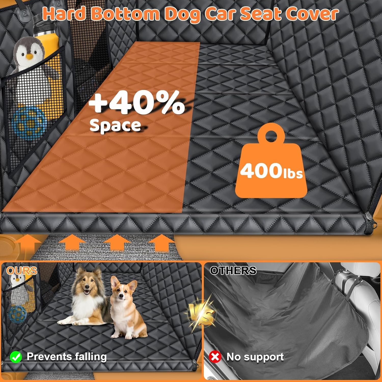 URPOWER Backseat Extender for Dogs - Hard Bottom Dog Car Seat Cover for Back Seat, Dog Hammock for Car, SUV, and Truck, Pet Rear Seat Protector Dogs Travel Bed with Mesh Window & Side Flaps - Image 2