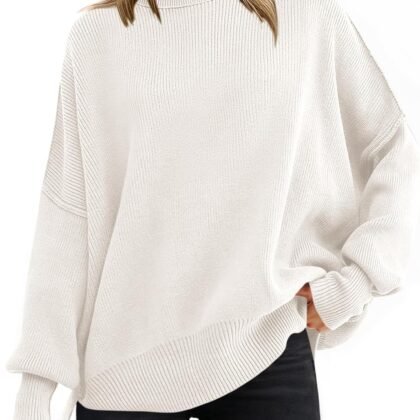 ANRABESS Women Oversized Sweaters Batwing Long Sleeve 2025 Fall Outfits Crewneck Casual Knit Side Slit Fashion Pullover Top