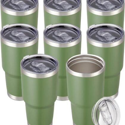 30 oz Tumbler with Lid Stainless Steel Tumblers Bulk Vacuum Insulated Cup Reusable Powder Coated Travel Mug Double Wall Leak Proof Cups Keep Cold Drinks for 12 Hours Army Green, Set of 8