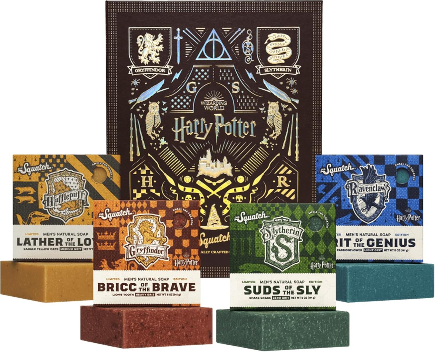 Dr. Squatch Harry Potter Collection with Collector's Box - Men's Natural Bar Soap 4 Pack Bundle and Collector's Box - Soap inspired by Gryffindor, Slytherin, Ravenclaw, and Hufflepuff