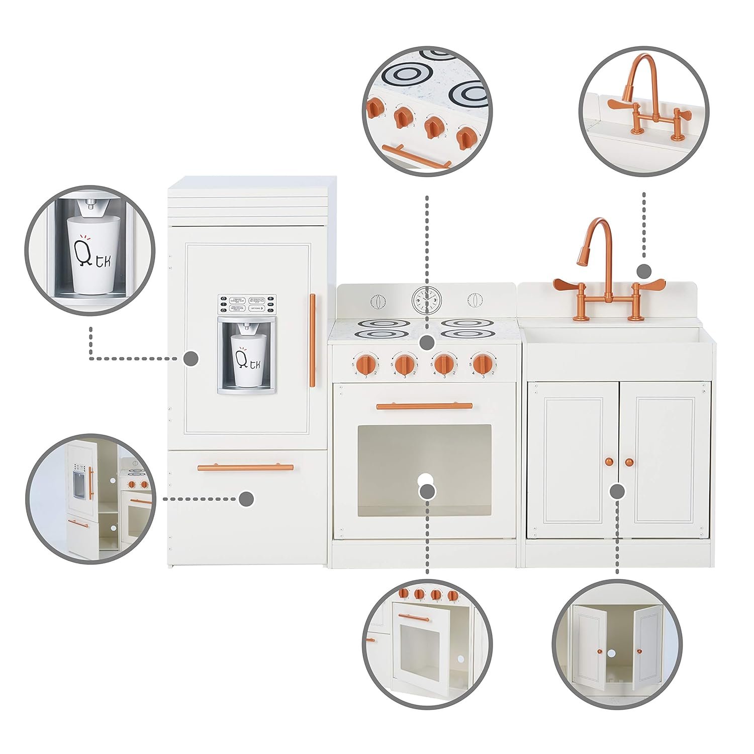 Teamson Kids Little Chef Paris Modular Contemporary Interactive Wooden Play Kitchen with Refrigerator, Oven, Sink, and Storage Space for Easy Clean Up, White with Rose Gold Finishes - Image 6