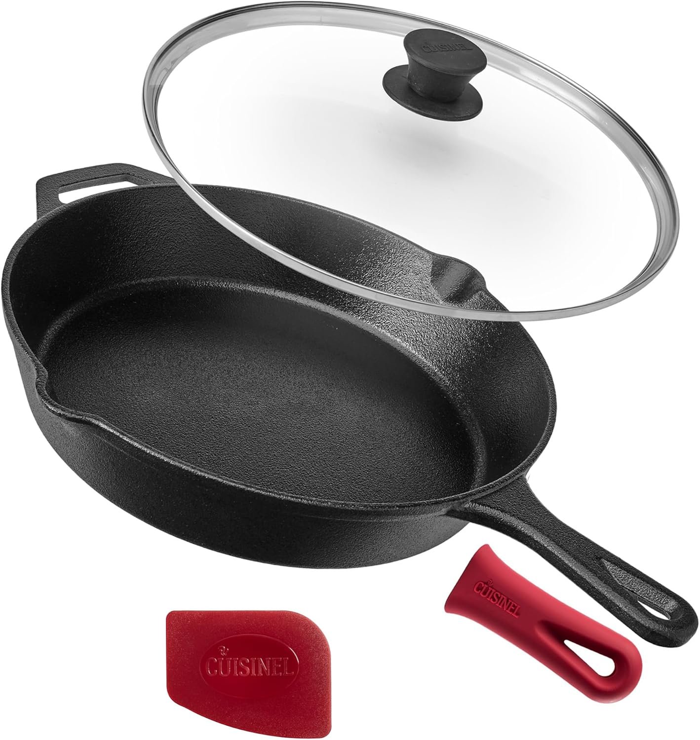 Cuisinel Pre-Seasoned Cast Iron Skillet (12-Inch) W/Tempered Glass Lid and Handle Cover Oven Safe Cookware | Heat-Resistant Holder | Indoor and Outdoor Use | Grill, Stovetop, Induction Safe