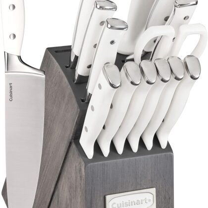 Cuisinart 15-Piece Knife Set with Block, High Carbon Stainless Steel, Forged Triple Rivet, White/Charcoal Gray C77WTR-15PCG