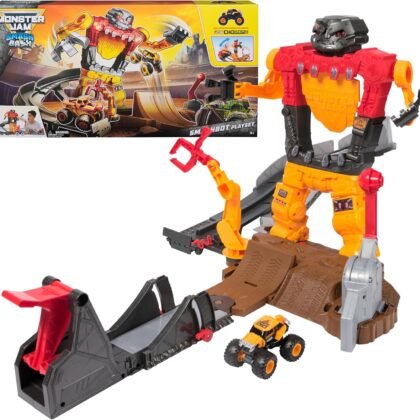 Monster Jam Smash & Bash SmashBot Playset with Launcher, Exclusive 1:64 Scale Monster Truck, 15-Inch Repairable Robot, Kids Toys for Boy and Girls Ages 3 and up
