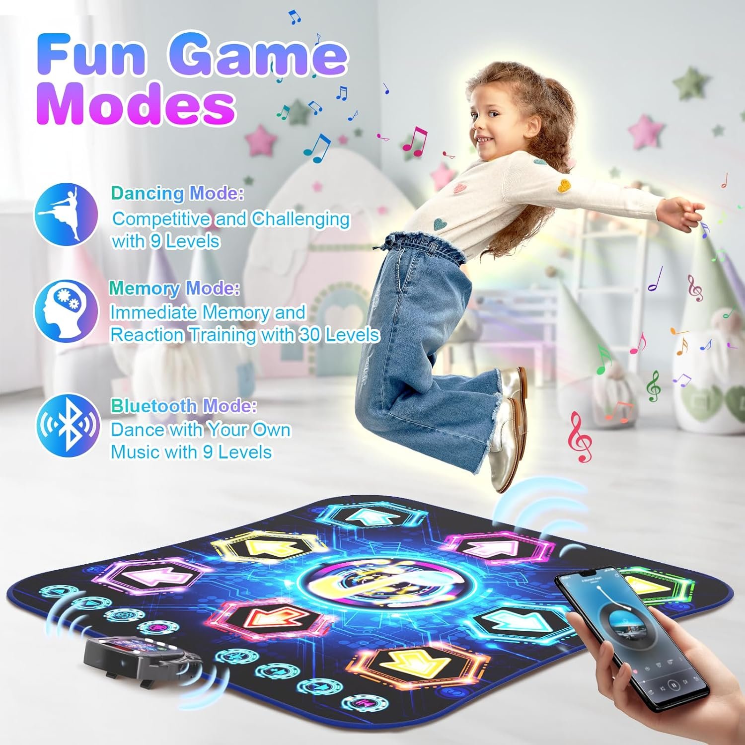 Dance Mat, 2025 Light Up 8-Button Dance Pad with Wireless Bluetooth, Upgraded Flowing Light Control System with Stands, Kids Toys Music Games Birthday for 3-12 Year Old Boys Girls - Image 3