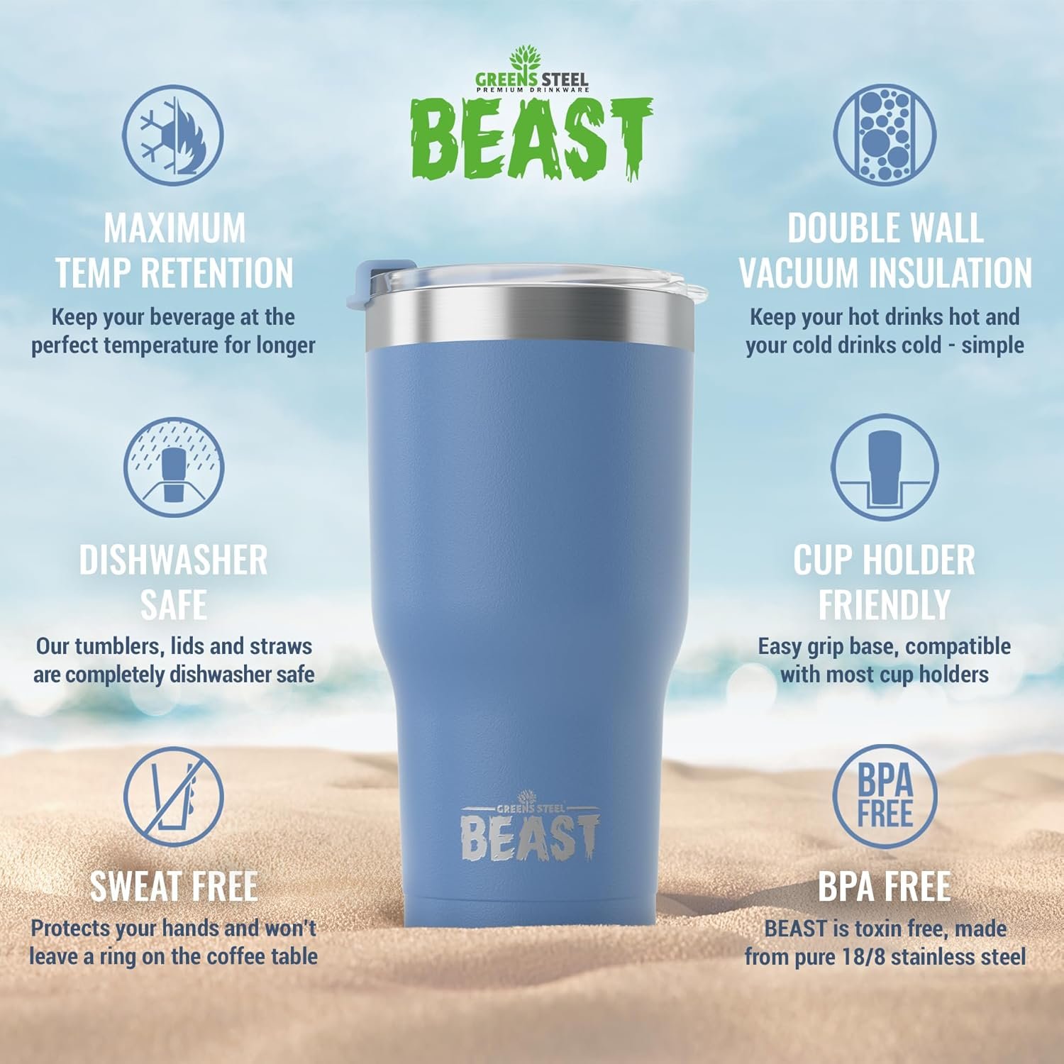 Beast 30 oz Tumbler Stainless Steel Vacuum Insulated Coffee Ice Cup Double Wall Travel Flask (Stormy Sky Blue) - Image 6