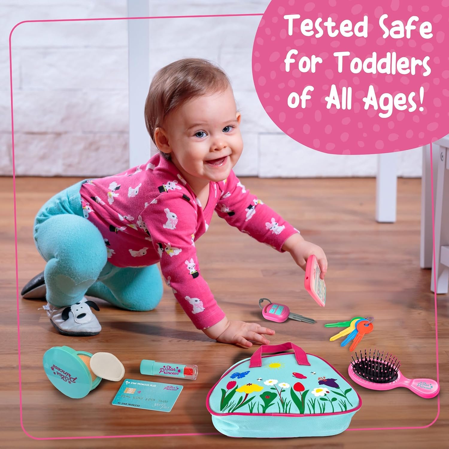 Play Purse for Toddlers with Accessories, Toddler Girl Toys 1 2 3 Years Old with Pretend Makeup, Keys, Smartphone, Toddler Toy Purse for Little Girls - Birthday Gift for Toddlers Girls Ages 2-3 - Blue - Image 6