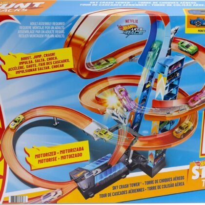 Hot Wheels Sky Crash Tower Track Set, 2.5+ ft / 83 cm High with Motorized Booster, Orange Track & 1 Hot Wheels Vehicle, Race Multiple Cars, Gift for Kids 5 to 10 Years Old & Up