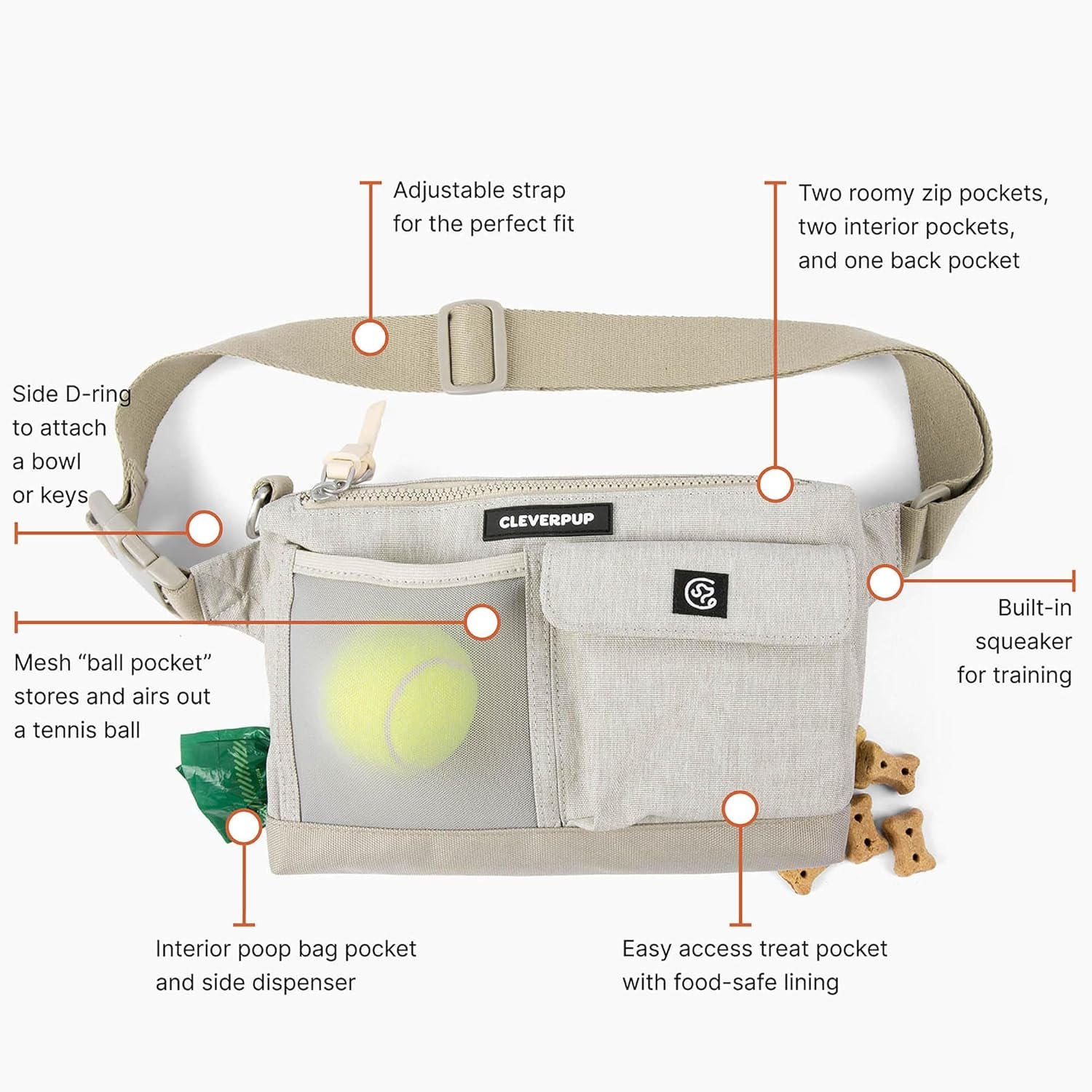Dog Walk & Train Sling Bag - Hands-Free 2-In-1 Treat Pouch, Poop Bag Holder, Clicker, Phone Pocket - Crossbody/Fanny Pack, Adjustable Strap - Sand - Image 5