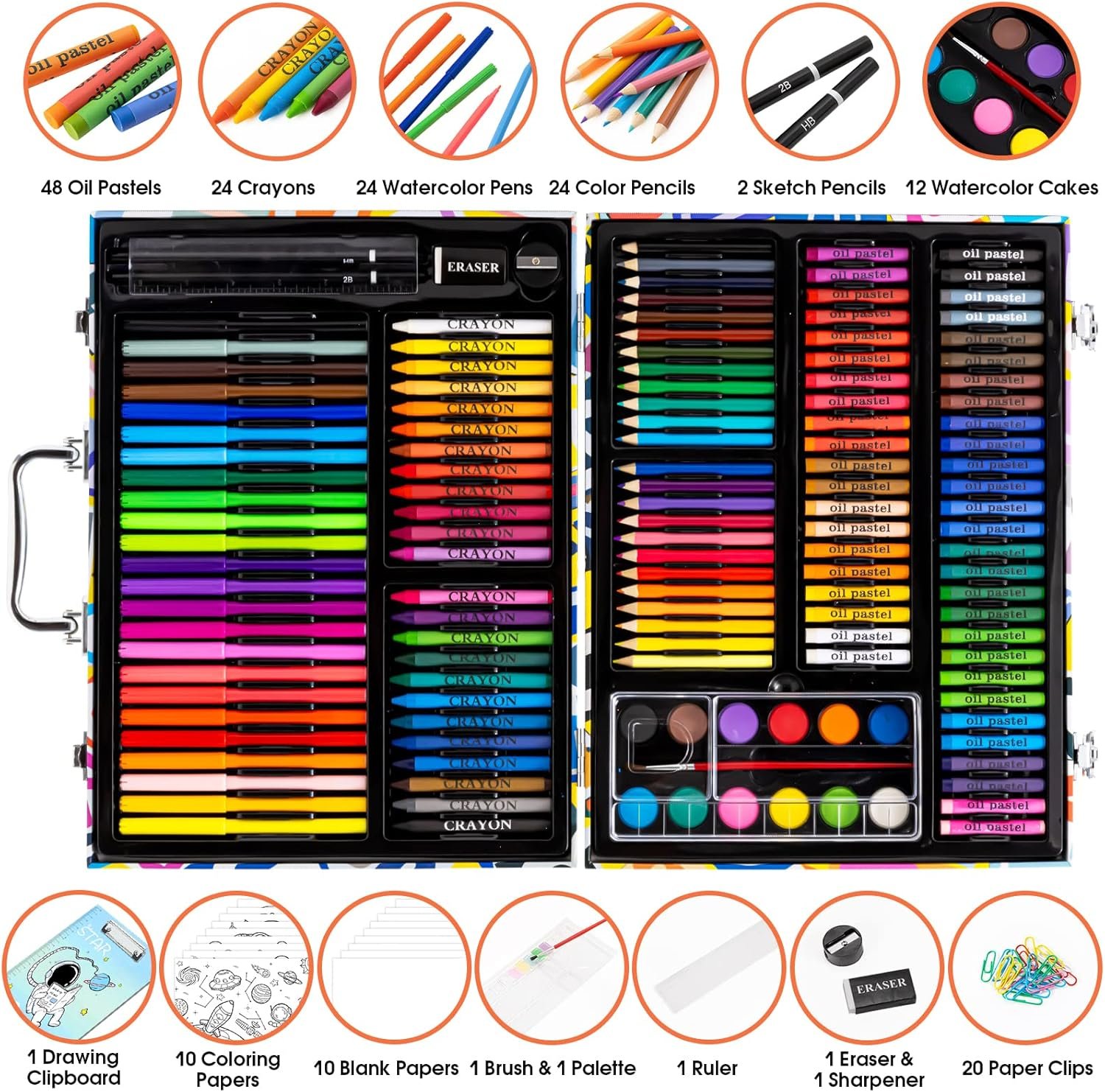 Art Supplies, 180 Pack Drawing Painting Set for Kids Girls Boys Teens, Coloring Art Kit Gift Case with Clipboard, Coloring Papers, Oil Pastels, Crayons, Colored Pencils, Watercolor Cakes, Markers - Image 2