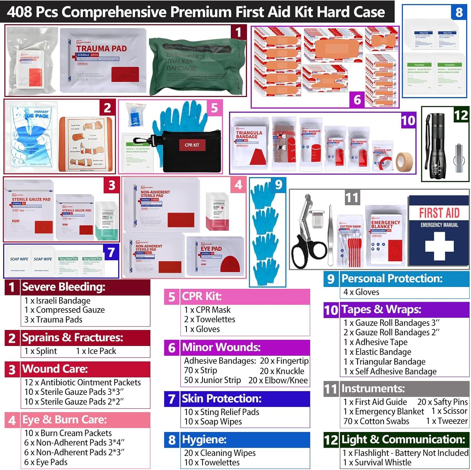 Hard Case First Aid Kit 408 Pcs - Wall Mountable Trauma Kit for Car, Home, Office & Truck - Comprehensive Large First Aid Supplies with Color-Coded Labelled Compartments - Image 3