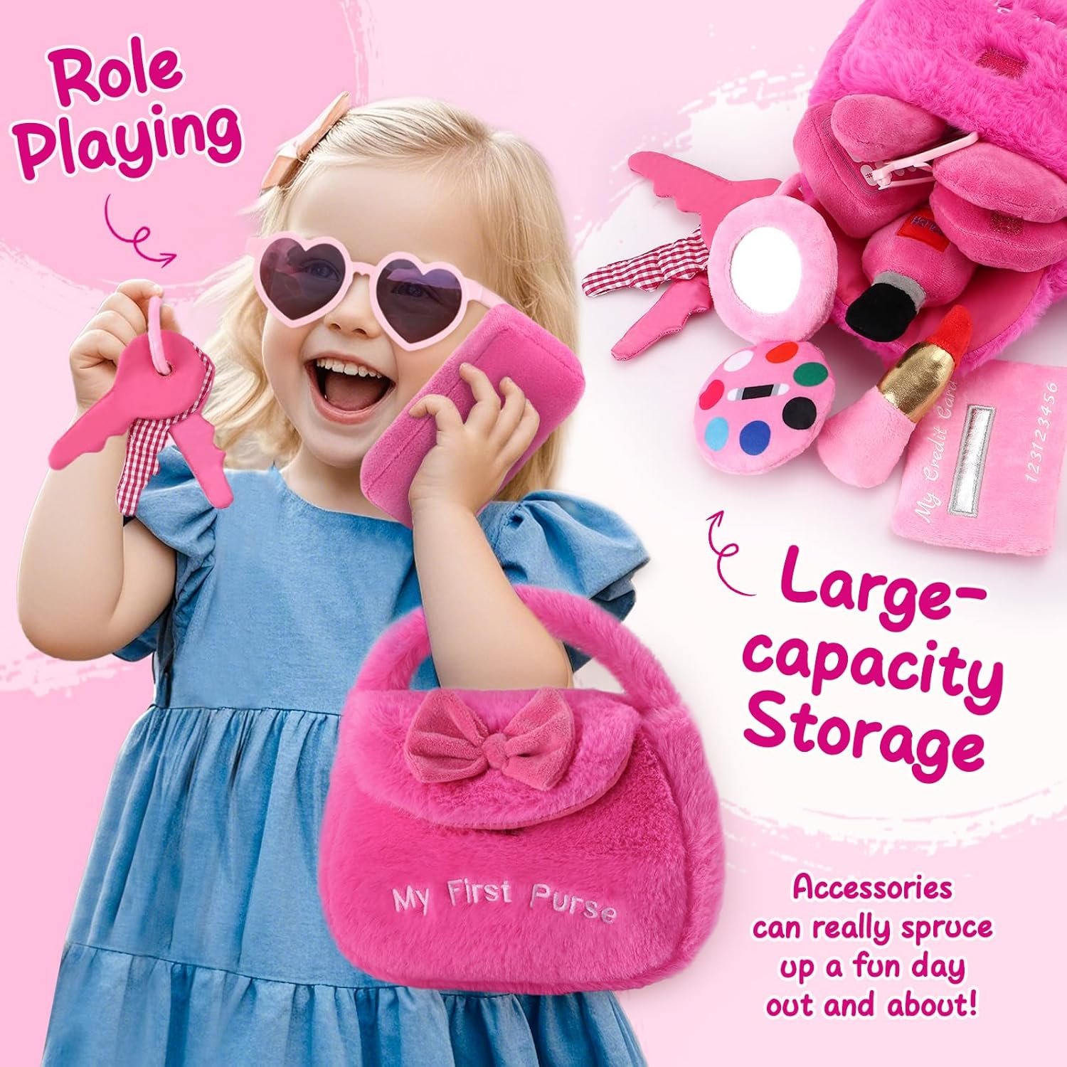Golray Plush Toddler Purse Baby Girl Pretend Play Toy - 10 Pcs My First Purse with Soft Sensory Toy Smartphone/Crinkle Makeup Beauty Playset for Toddler Baby Girl Christmas Birthday Gift Ages 3 4 5 - Image 3