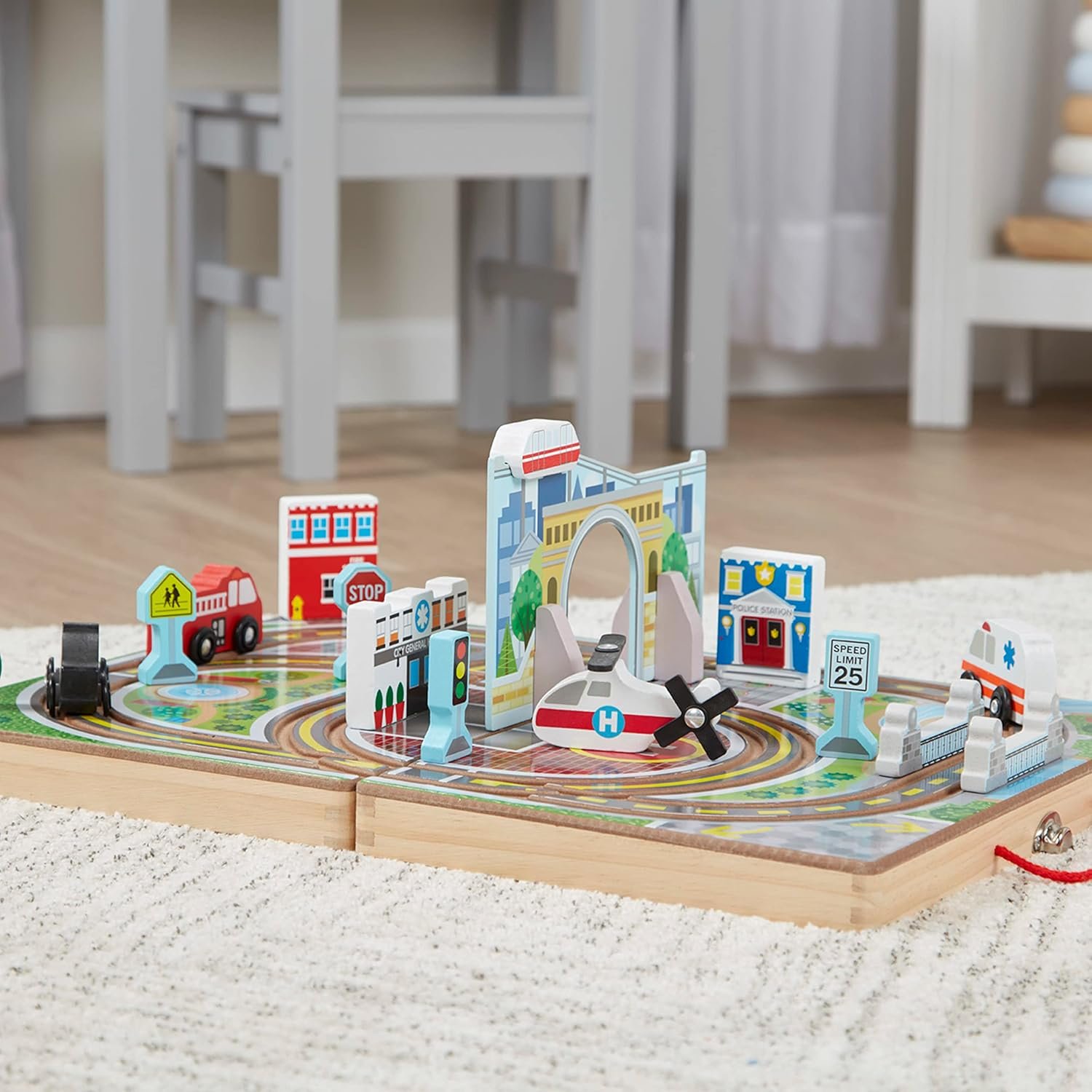 Melissa & Doug 18-Piece Wooden Take-Along Tabletop Town, 4 Rescue Vehicles, Play Pieces, Bridge - Image 9