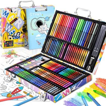 Art Supplies, 180 Pack Drawing Painting Set for Kids Girls Boys Teens, Coloring Art Kit Gift Case with Clipboard, Coloring Papers, Oil Pastels, Crayons, Colored Pencils, Watercolor Cakes, Markers