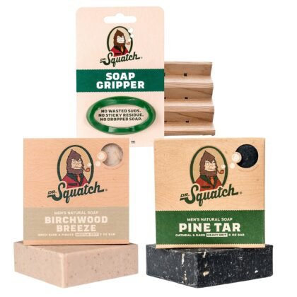 Dr. Squatch Basic Squatch Forest Pack - Pine Tar and Birchwood Breeze - Handmade Bar Soap With Organic Oils, Soap Gripper and Saver